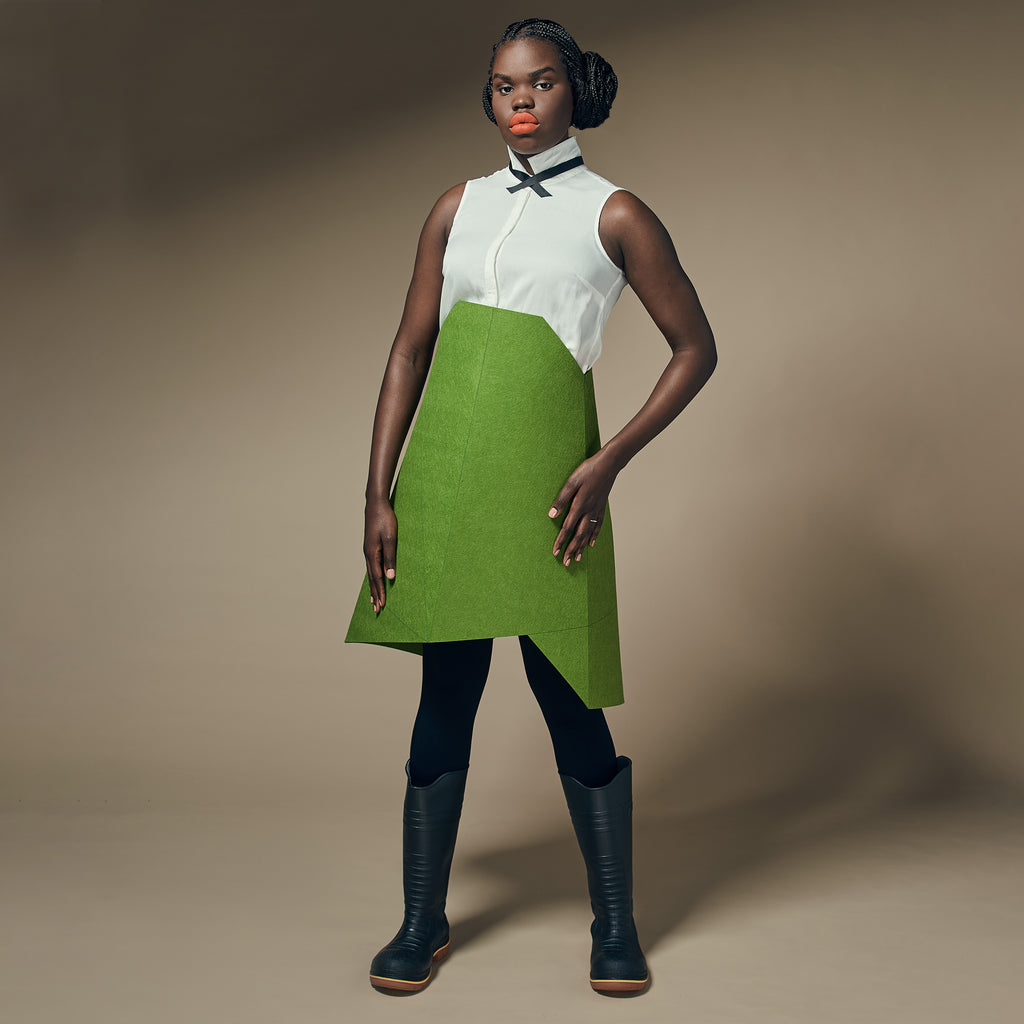 model wearing green geometric laser cut felt Wireless Skirt by design and conquer